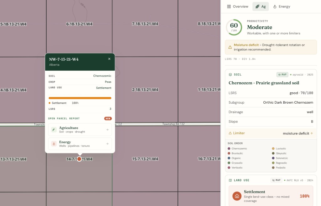 Parcel report Agriculture tab showing LSRS productivity score, soil detail, crop rotation, and land use for an Alberta quarter section