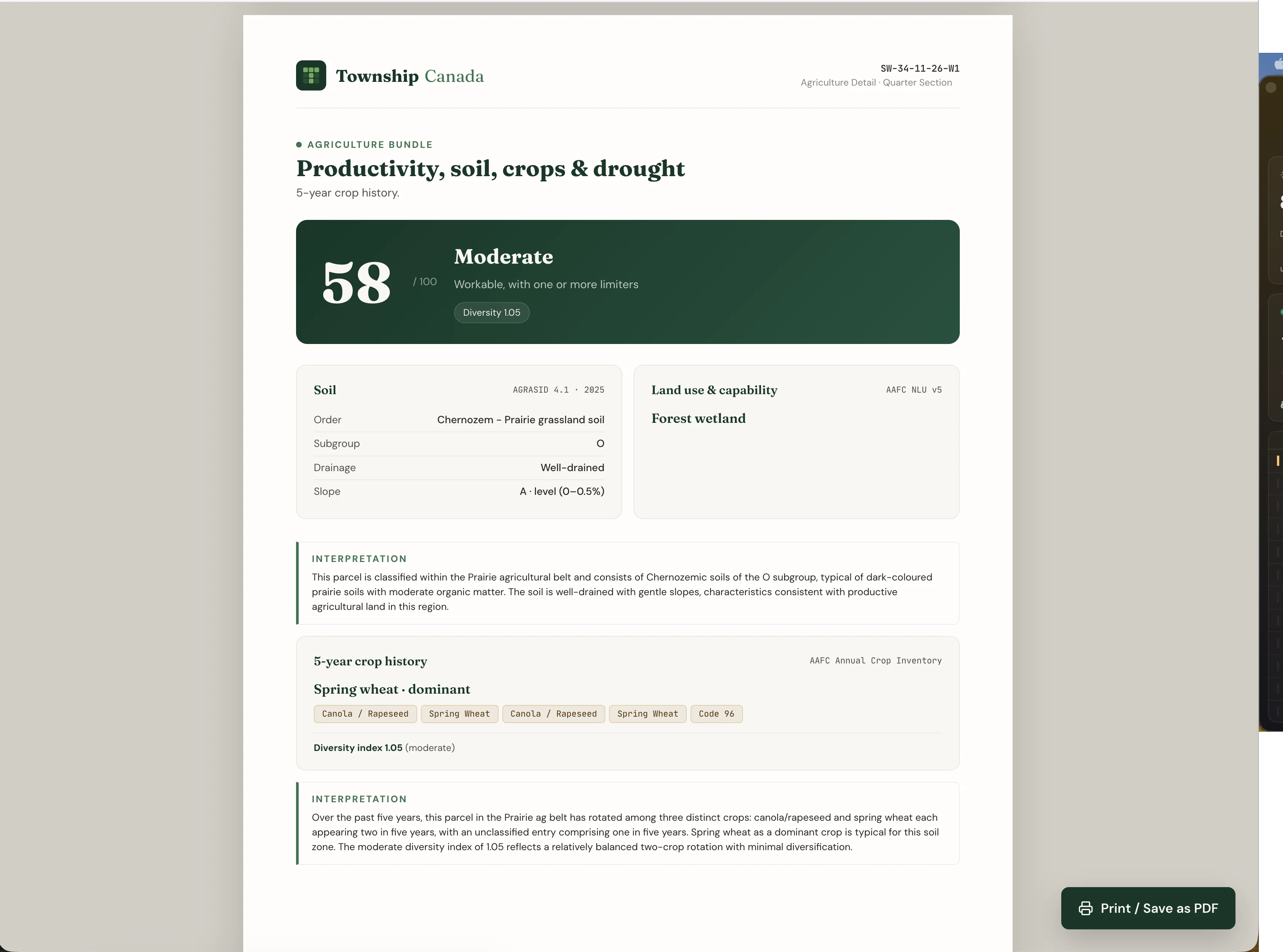 Parcel report Agriculture tab for a Pembina Valley quarter showing soil detail, CLI capability, and crop rotation history