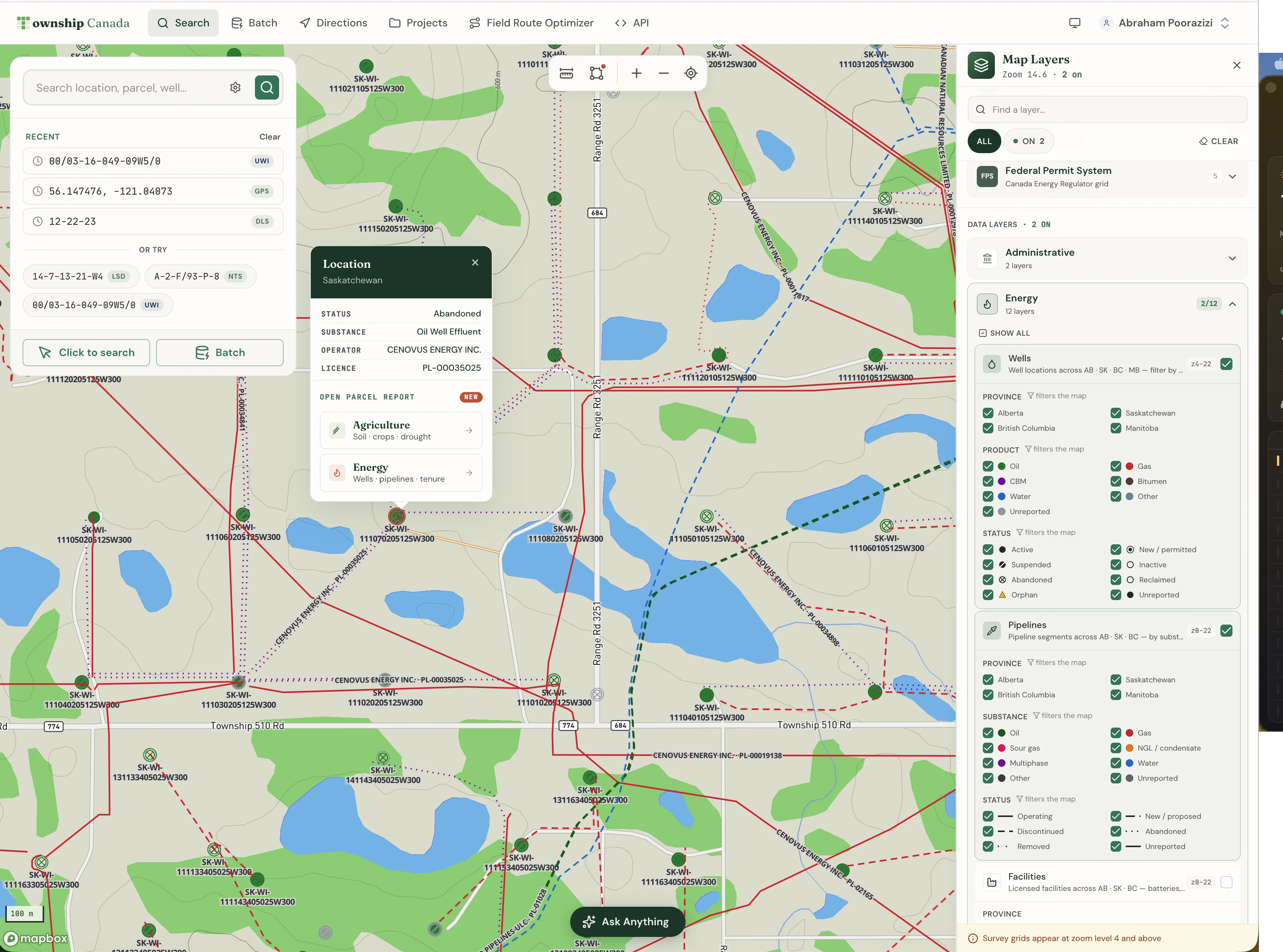 Wells, Pipelines, and Facilities layers filtered to Saskatchewan on the legal land converter, parcel report open for an Estevan area quarter