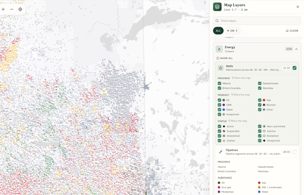 Unified Wells layer with Province, Product, and Status filters across AB, SK, BC, and MB