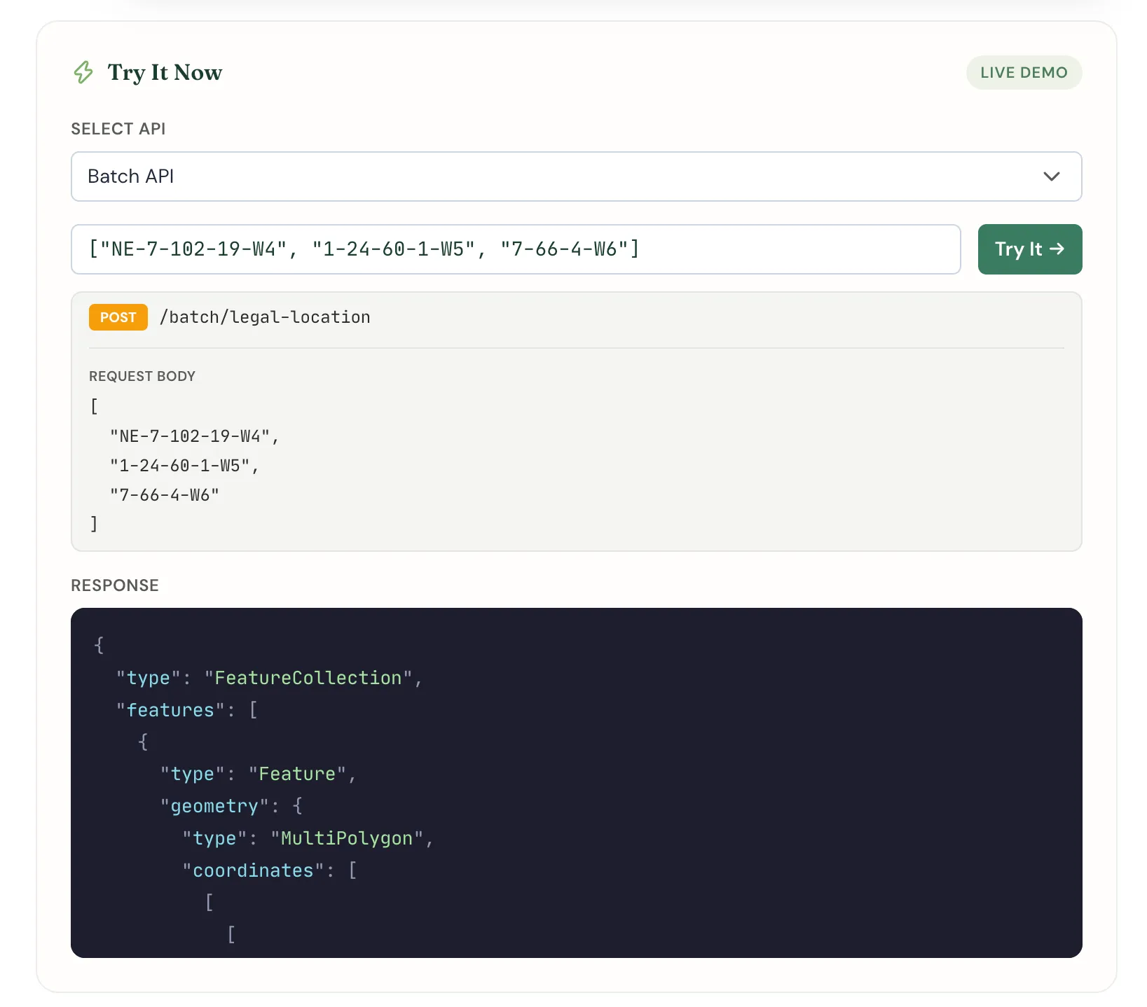 The Batch API live demo converting a list of legal land descriptions, the same endpoint the spreadsheet batch function calls