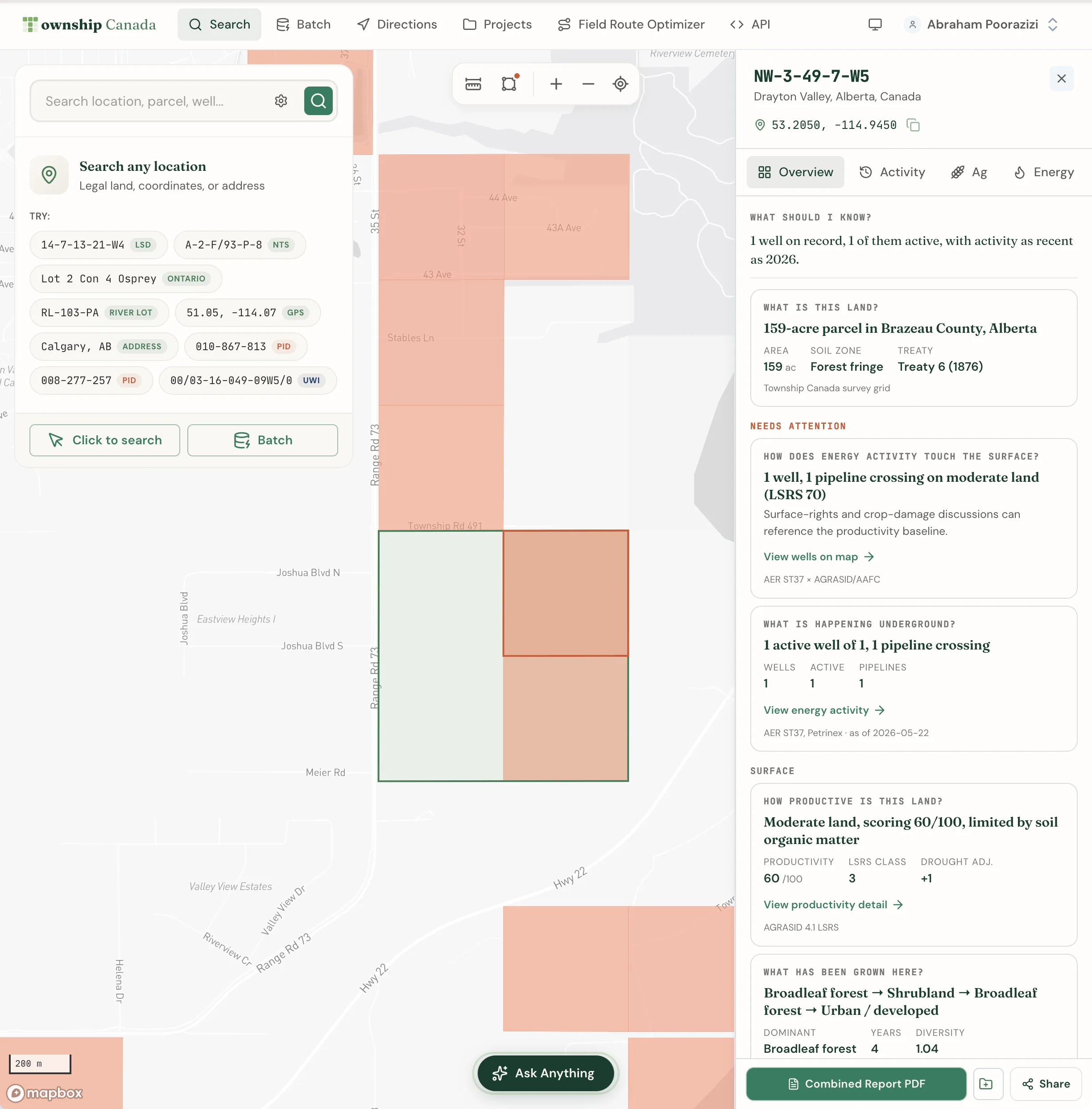The parcel report sidebar docked on the right of the map, showing the location header and the Overview, Activity, Ag, and Energy tabs