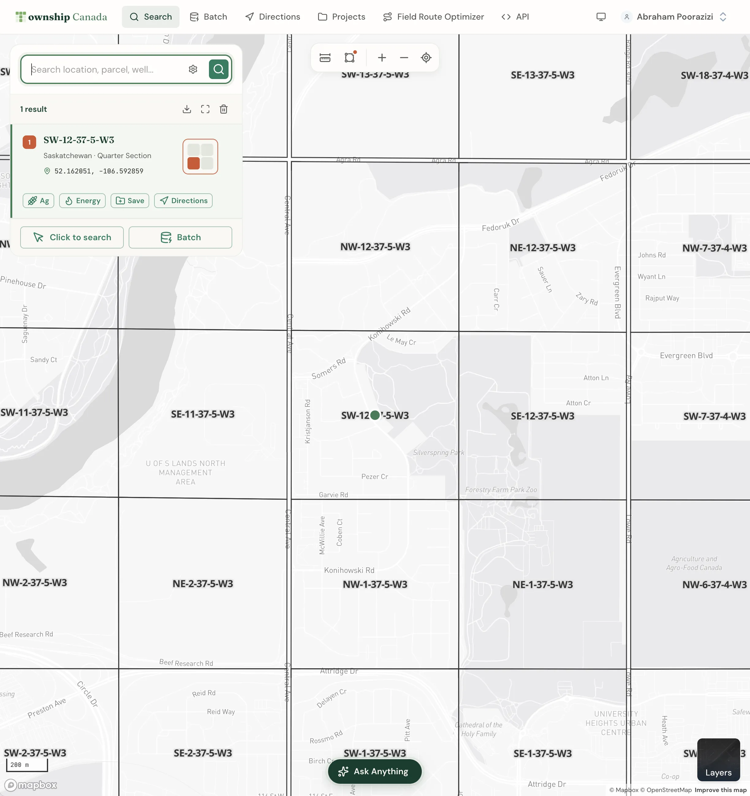 A quarter section search result on the Township Canada map, the same lookup this guide adds to Google Maps