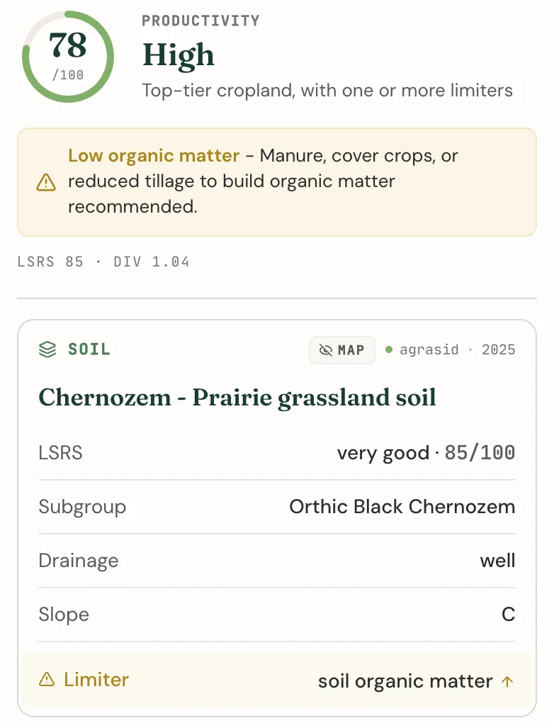 The Agriculture tab of a parcel report with the productivity score and primary limiter, above the soil card listing the LSRS rating, soil subgroup, drainage, slope, and limiter