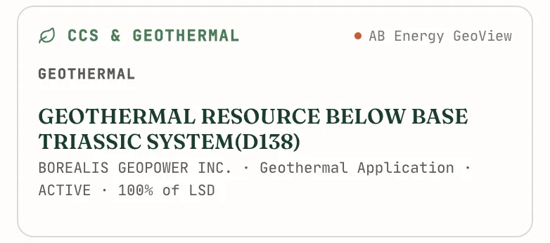 The CCS and geothermal card on the Energy tab listing an intersecting geothermal application with its holder, status, and 100% coverage of the LSD