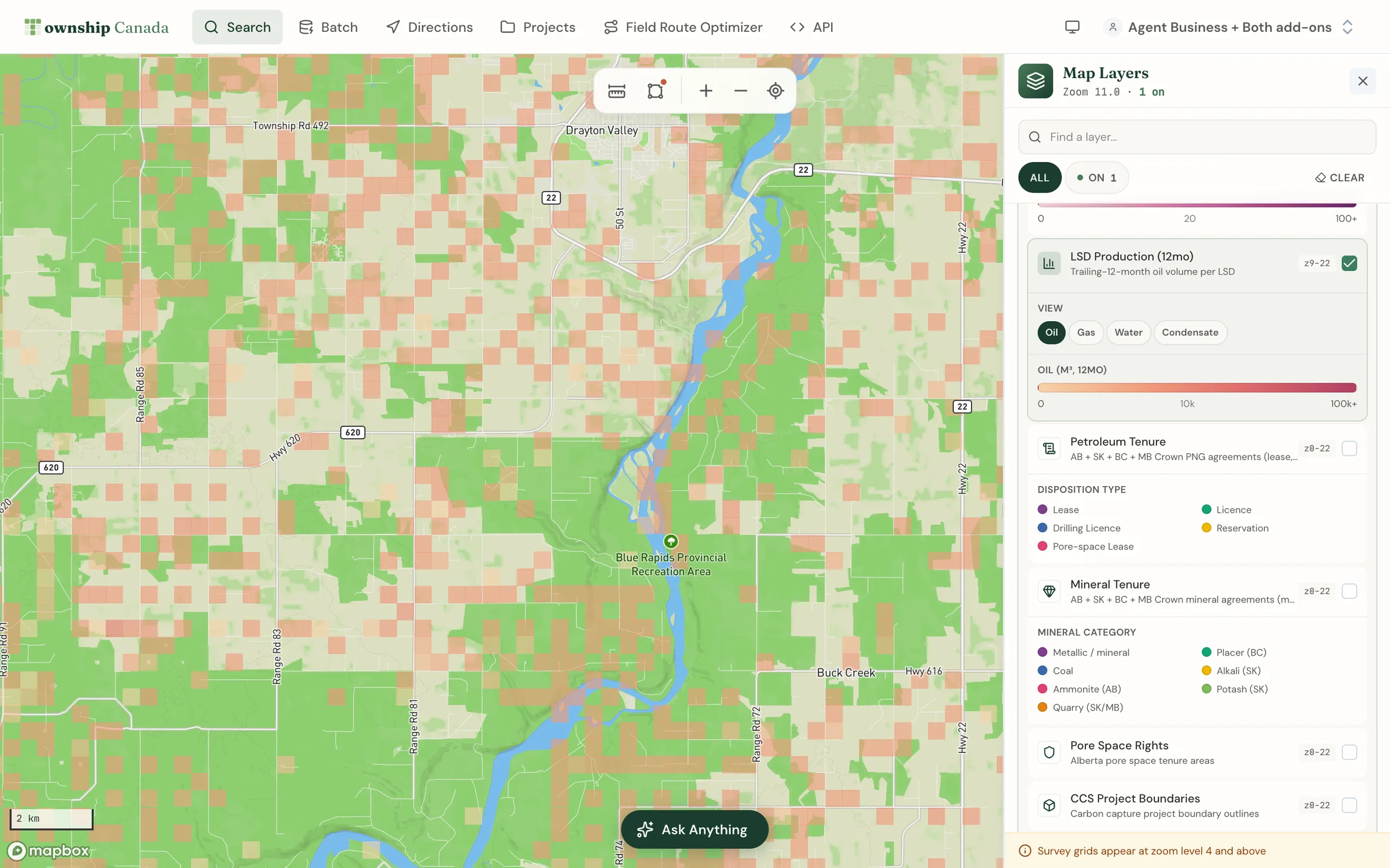 The production preset around Drayton Valley, Alberta, with legal subdivisions shaded by trailing 12-month oil volume