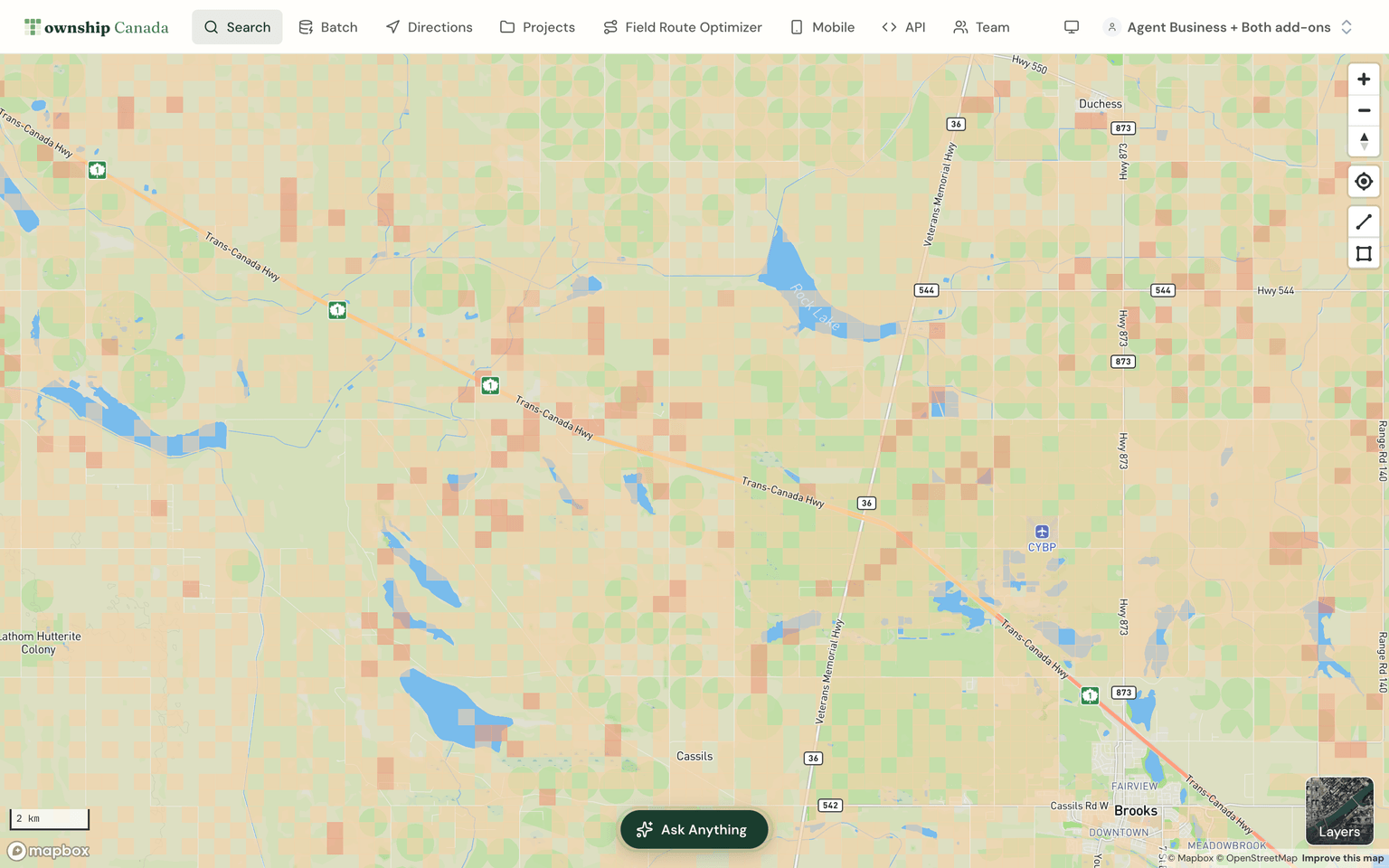 Map of south-central Alberta with each legal subdivision shaded by trailing-12-month oil production volume