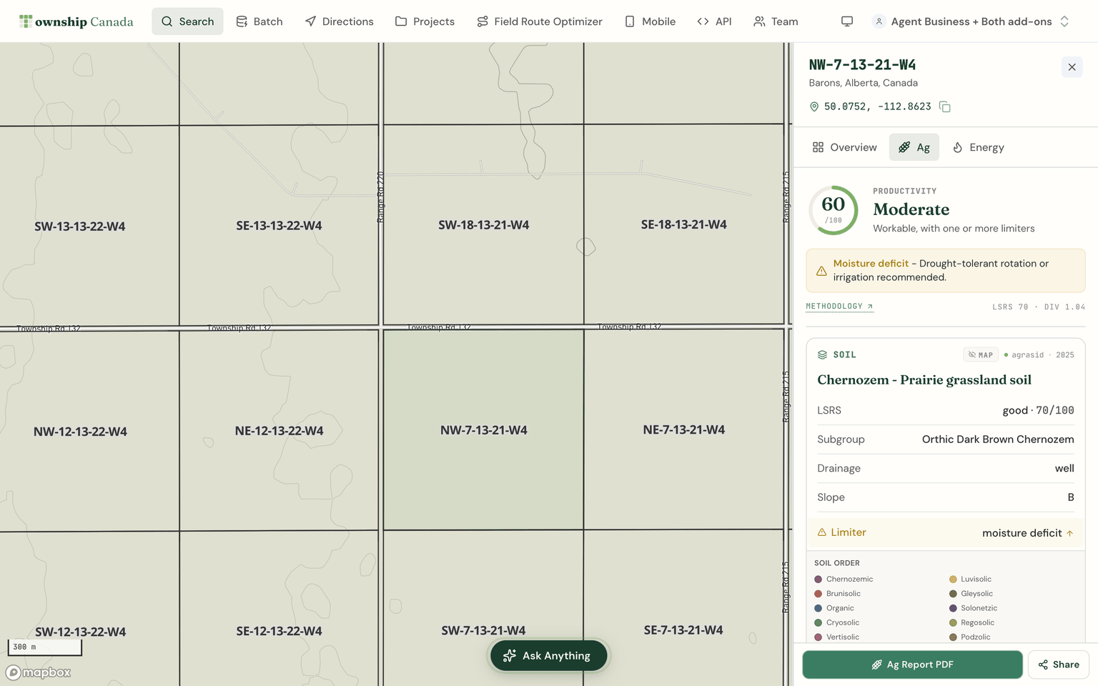 Agriculture tab showing a productivity score, Chernozem soil subgroup, drainage class, a moisture-deficit limiter, and a soil-order legend