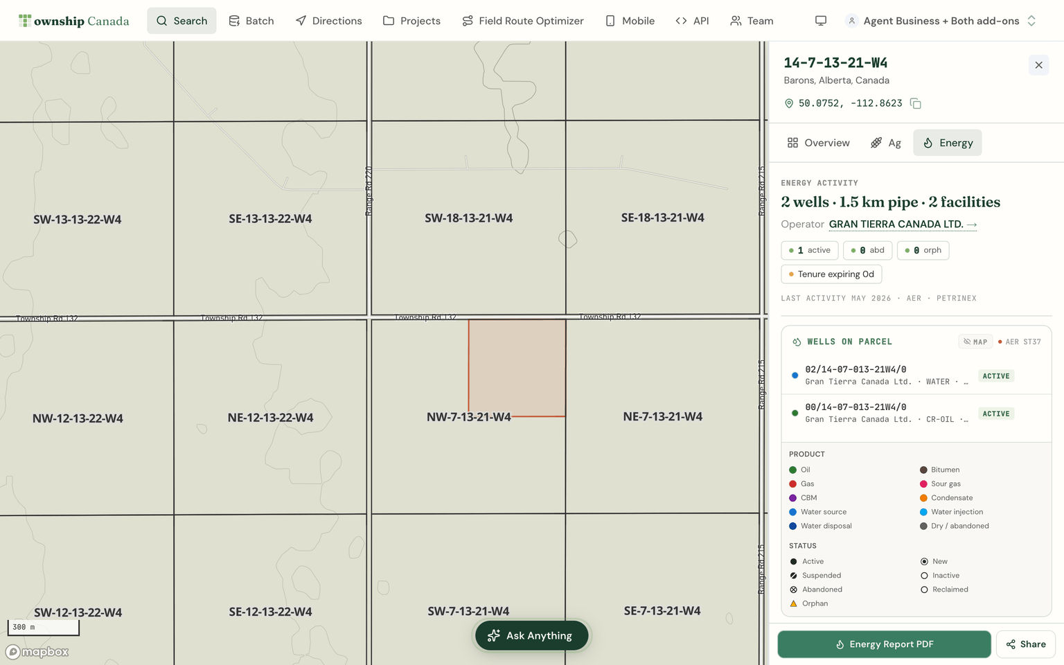 Energy tab listing two wells (one active, one suspended) operated by Gran Tierra Canada Ltd, 1.5 km of pipeline, two facilities, and product and status legends
