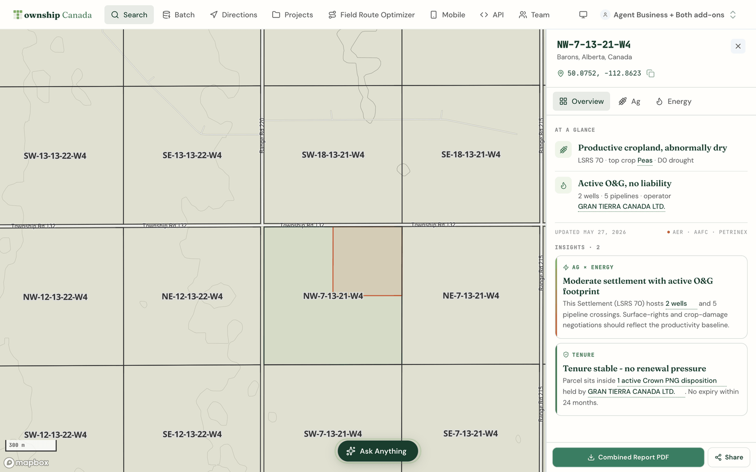 Township Canada parcel report showing an at-a-glance summary of crop productivity, drought, wells, pipelines, operator, and Crown tenure for a single quarter section