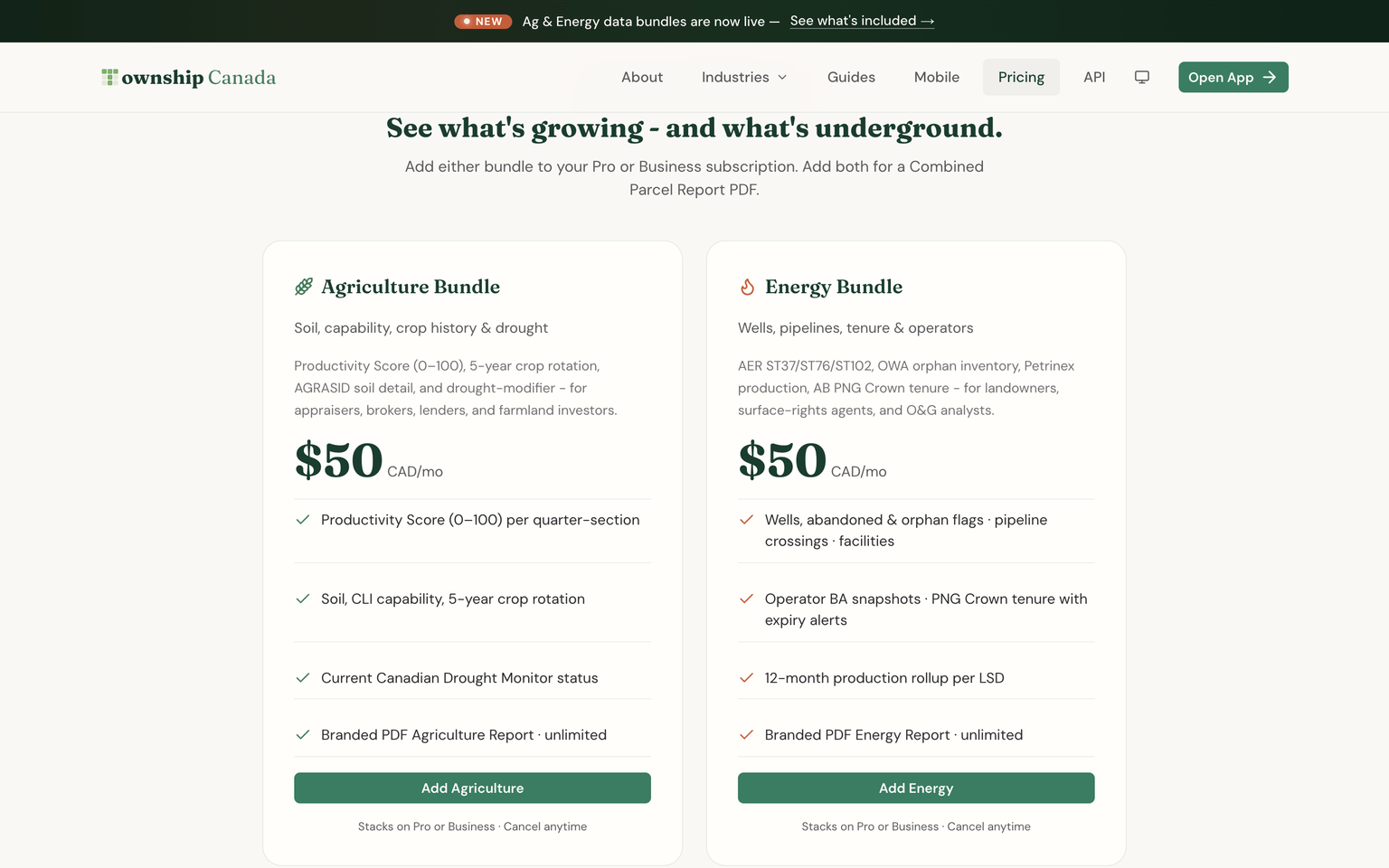 Pricing page showing the Agriculture and Energy bundles side by side at $50 CAD per month each