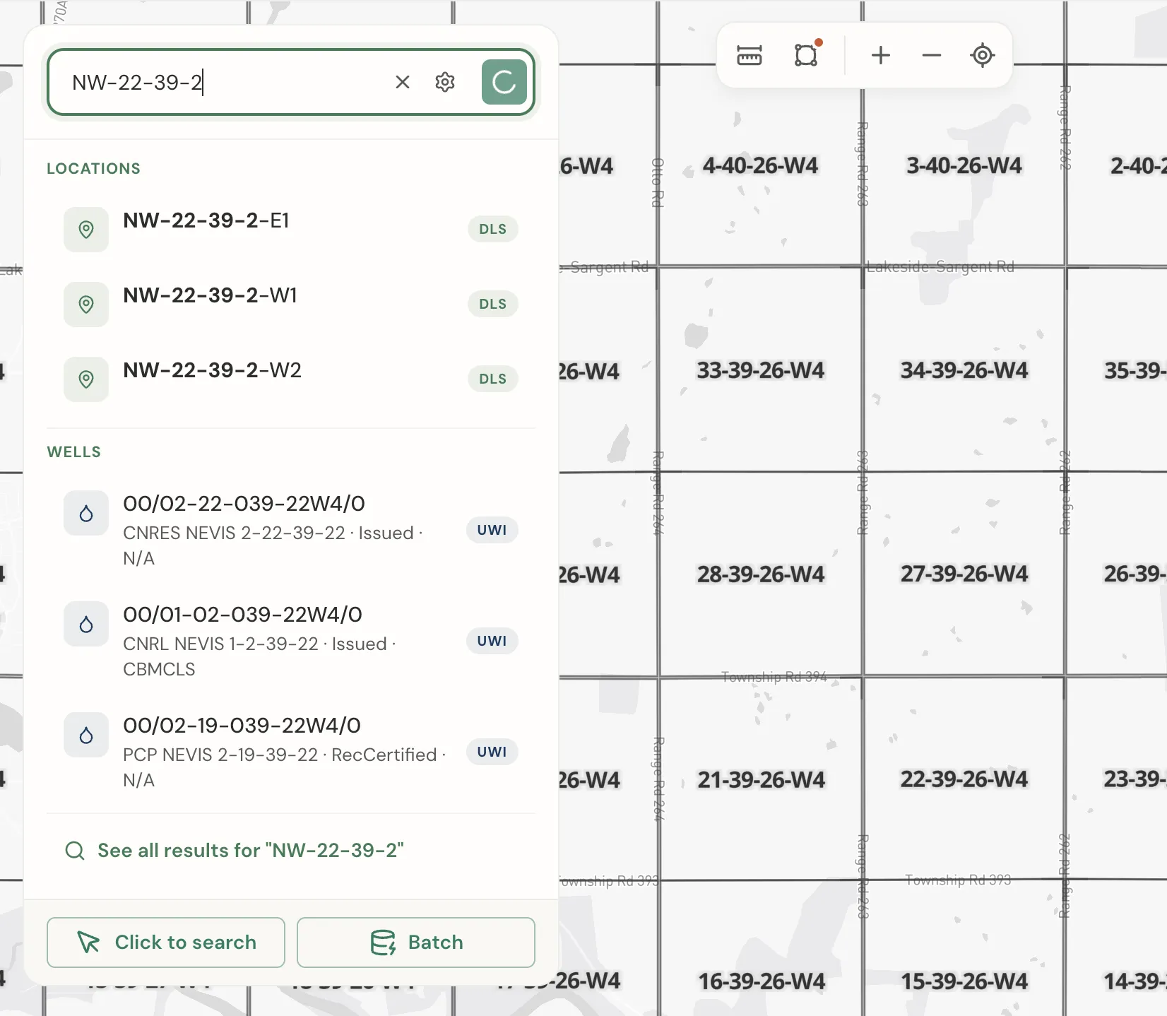 Autocomplete suggestions for a partial legal land description in the Township Canada search box