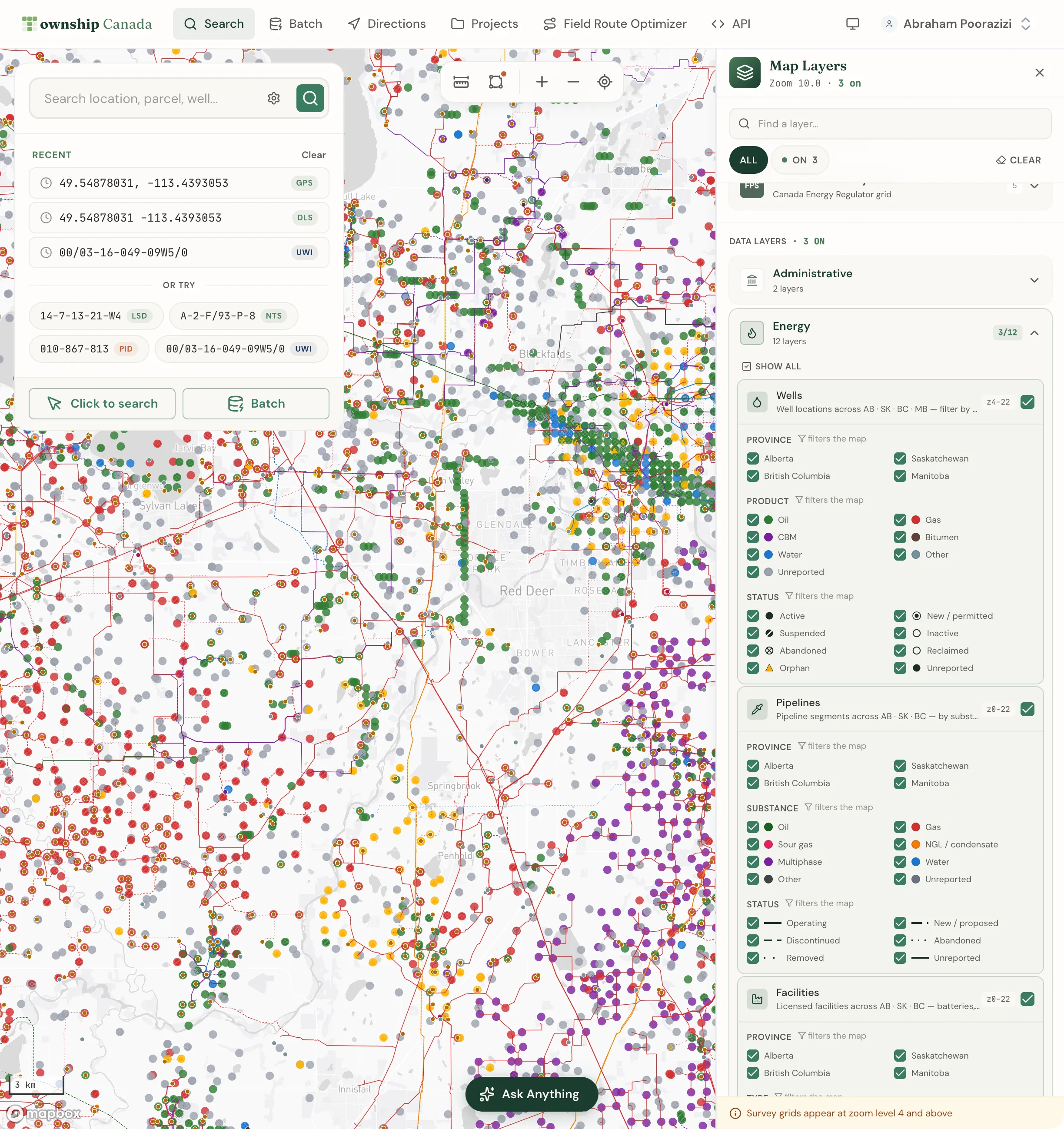 The Energy category expanded in Data Layers, with Wells, Pipelines, and Facilities toggled on and a zoom-range chip on each row